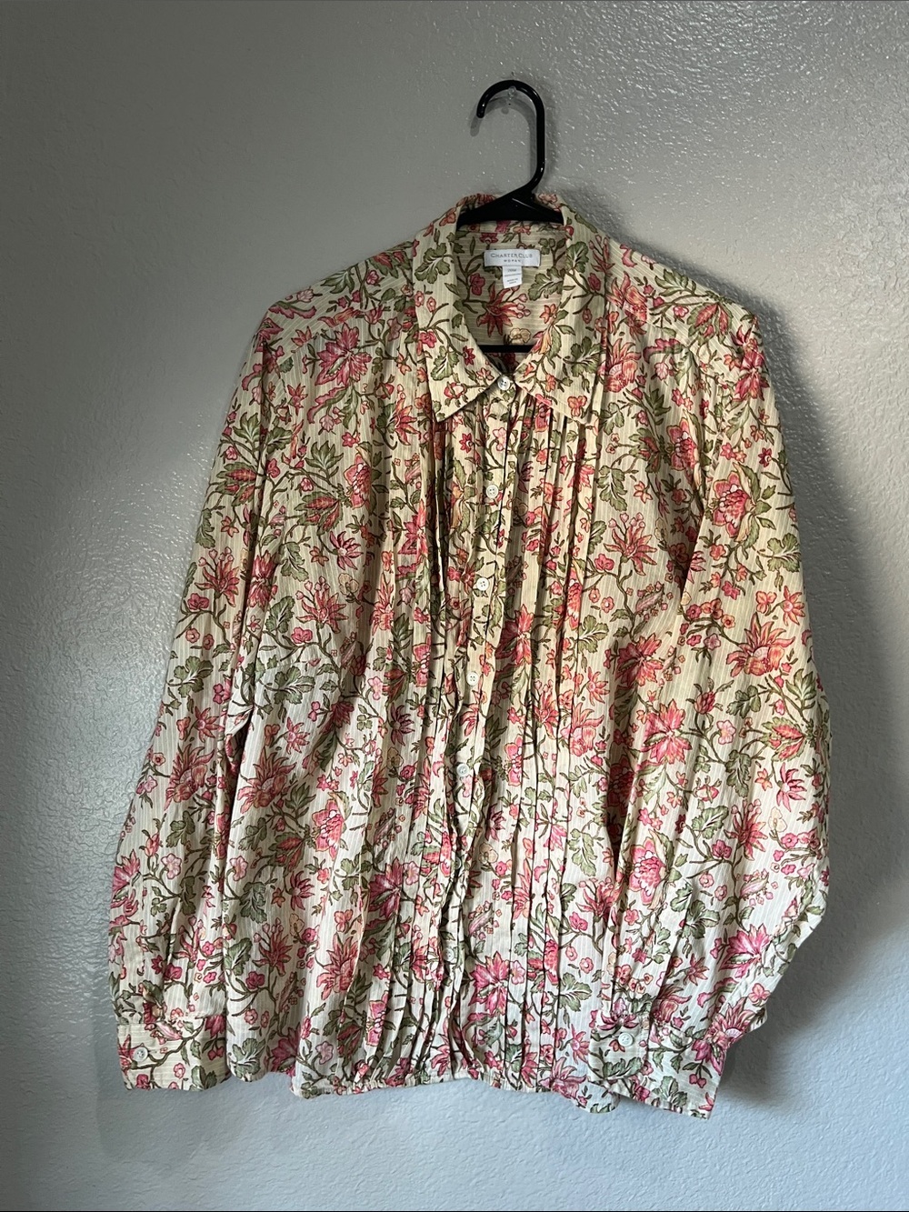 VTG Y2K Charter Club pleat front long sleeve button down shirt Sz 20W Boho